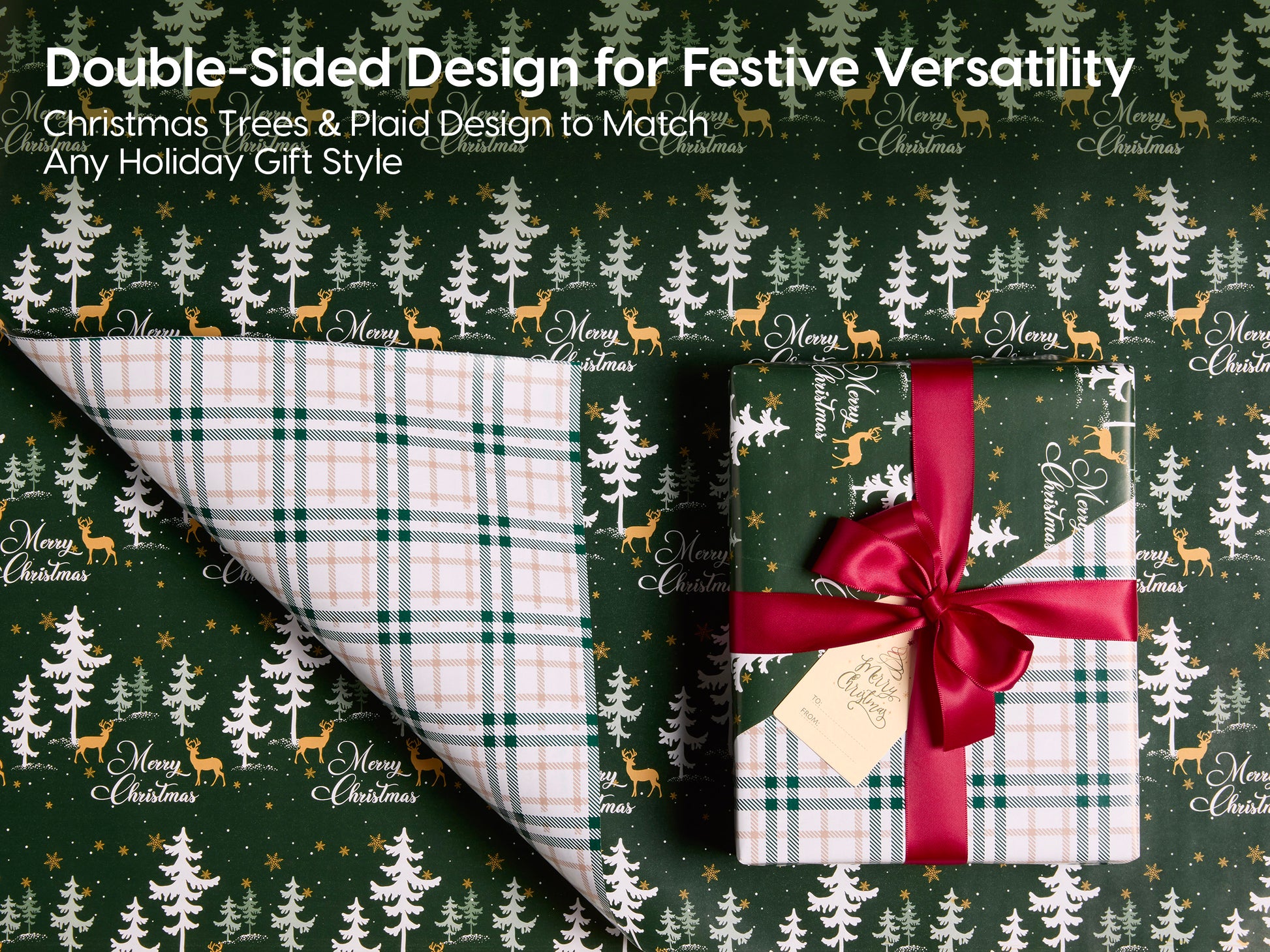 Vitalizart Christmas Wrapping Paper Roll Set 17" With Satin Ribbon & Gift Tags ( Christmas Wrapping Paper Set) - Vitalizart