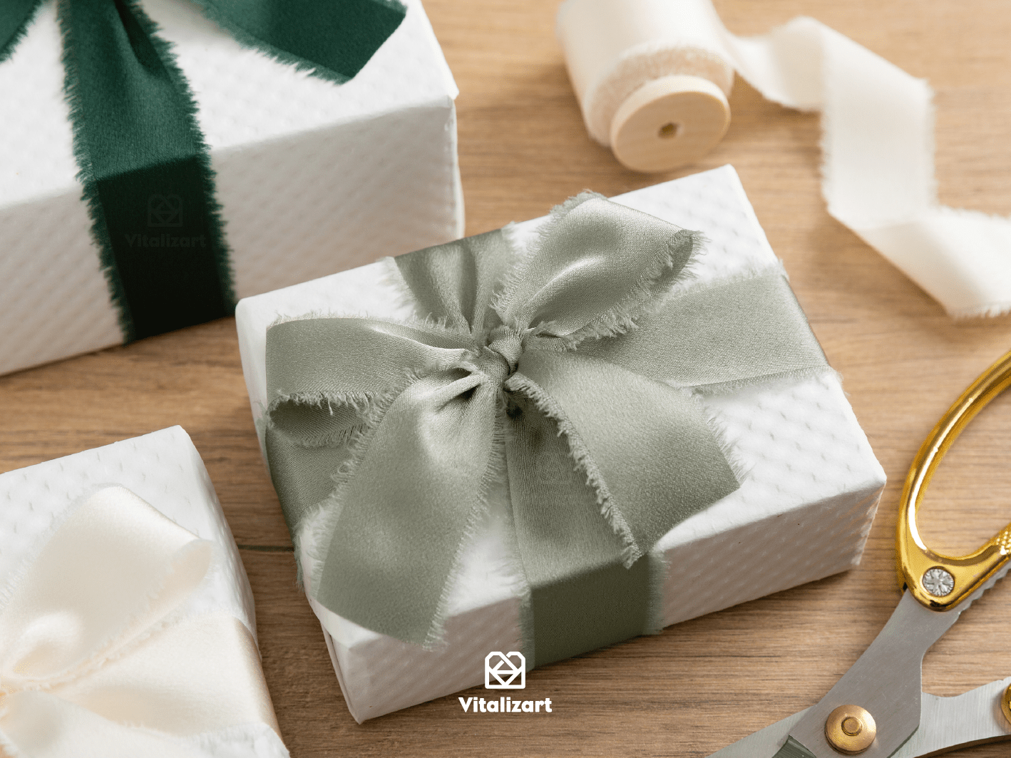 Silk Satin Ribbon With Wooden Spool 1" x 15 Yd (Green & Cream) - Vitalizart