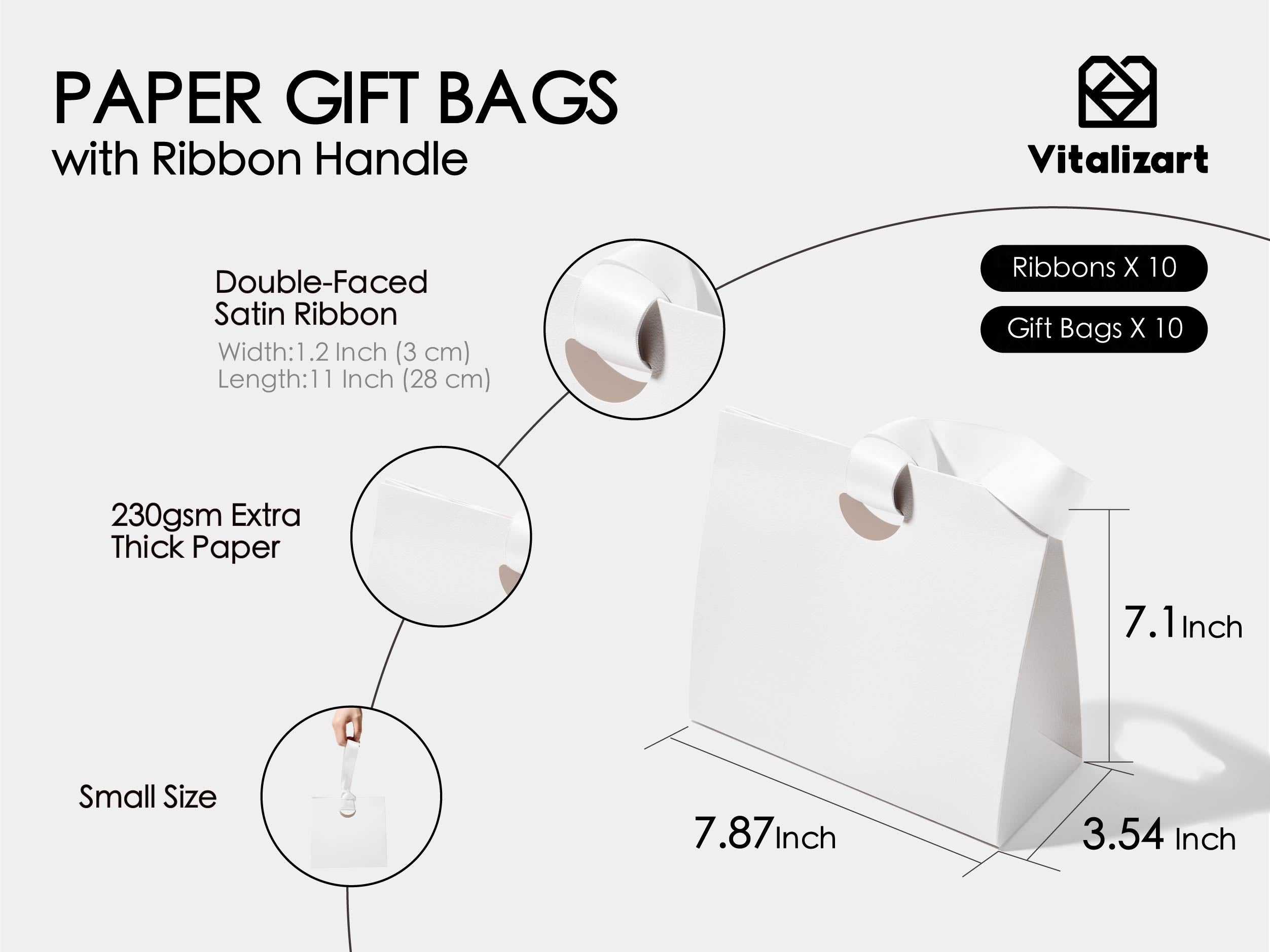 Vitalizart Paper Gift Bags With Ribbon Handles Set of 10 Black Bulk Reusable For Gift Wrap Girls Kids Birthday Bridal Shower Party Favors Goodie Bags Candy Christmas 6.1