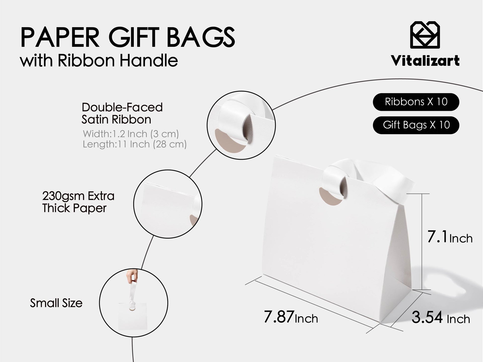 Vitalizart Paper Gift Bags With Ribbon Handles Set of 10 Black Bulk Reusable For Gift Wrap Girls Kids Birthday Bridal Shower Party Favors Goodie Bags Candy Christmas 6.1"x2.95"x5.71" Mini(Off White) - Vitalizart