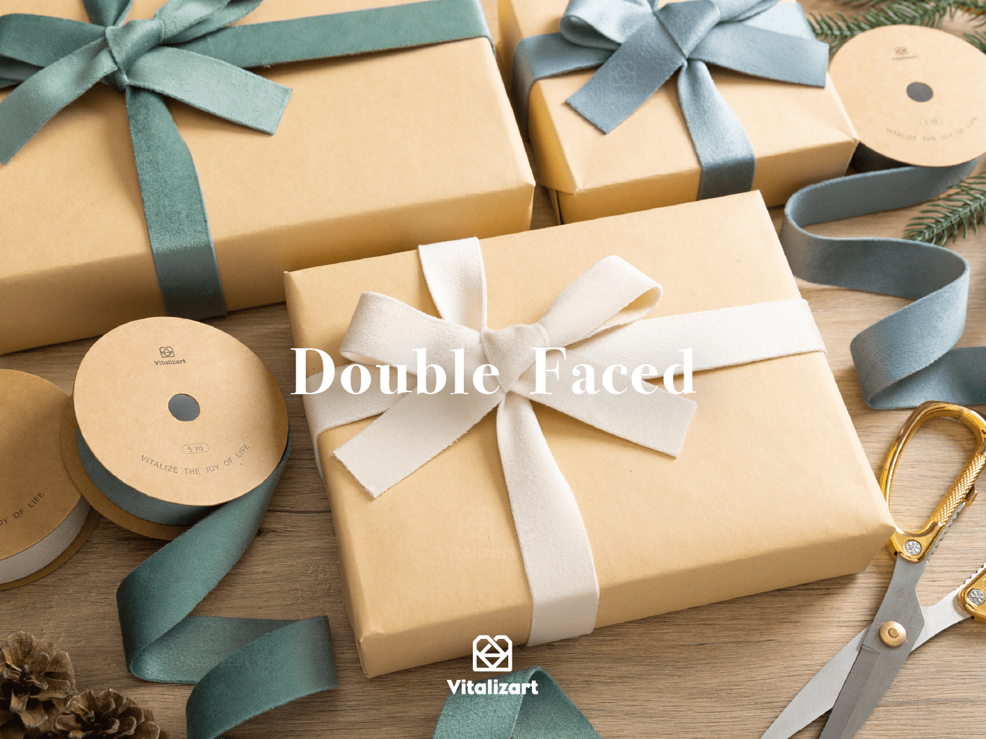 Double Faced Velvet Ribbon Set 1" x 15 Yd (Ivory & Dusty Green & Dusty Blue) - Vitalizart