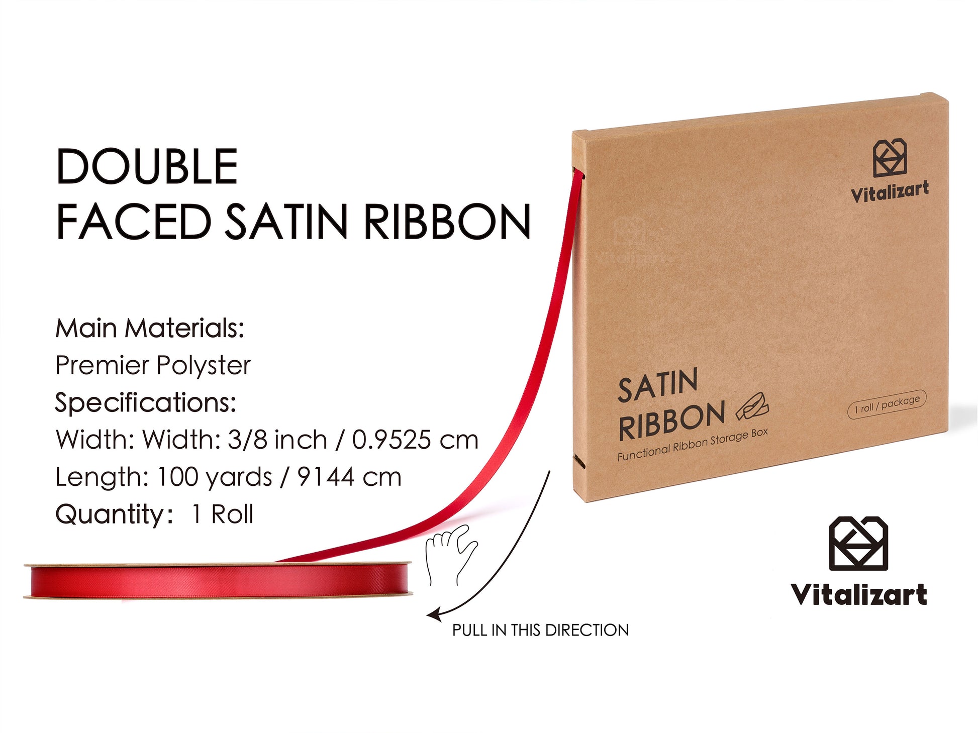 Ribbon for Crafts Double Faced Functional Satin Ribbon 3/8" x 100Yd (Red) - Vitalizart