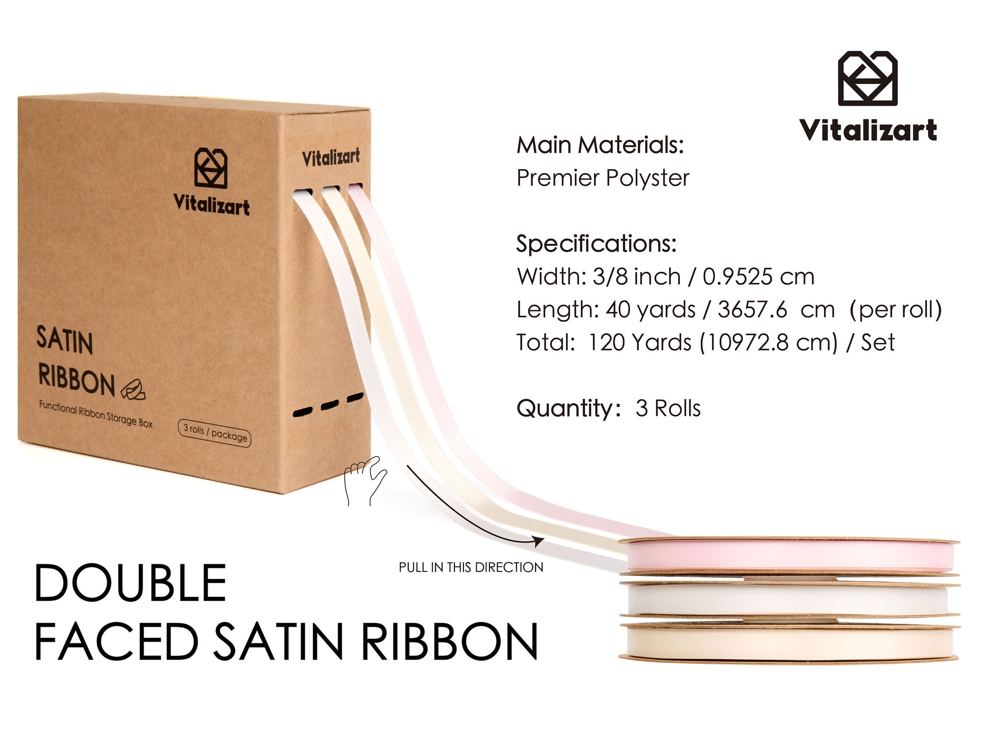Ribbon for Crafts Double Faced Functional Satin Ribbon 3/8" x 120Yd (Pink & White) - Vitalizart