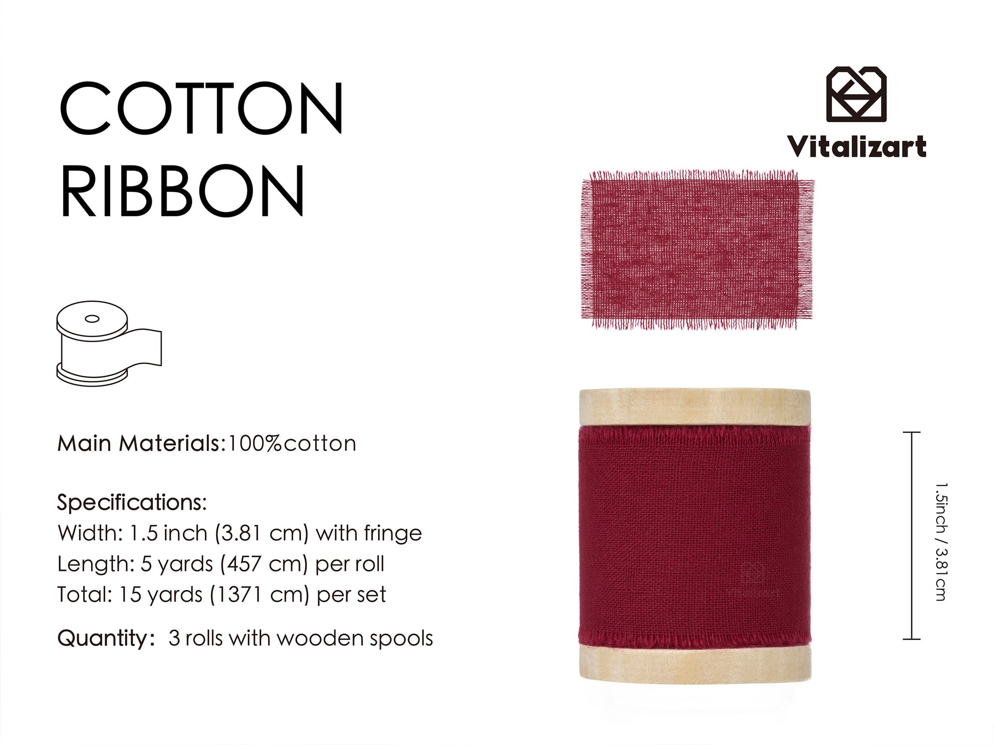 Cotton Ribbon Handmade Fringe 1.5" x 15 Yd (Burgundy) - Vitalizart