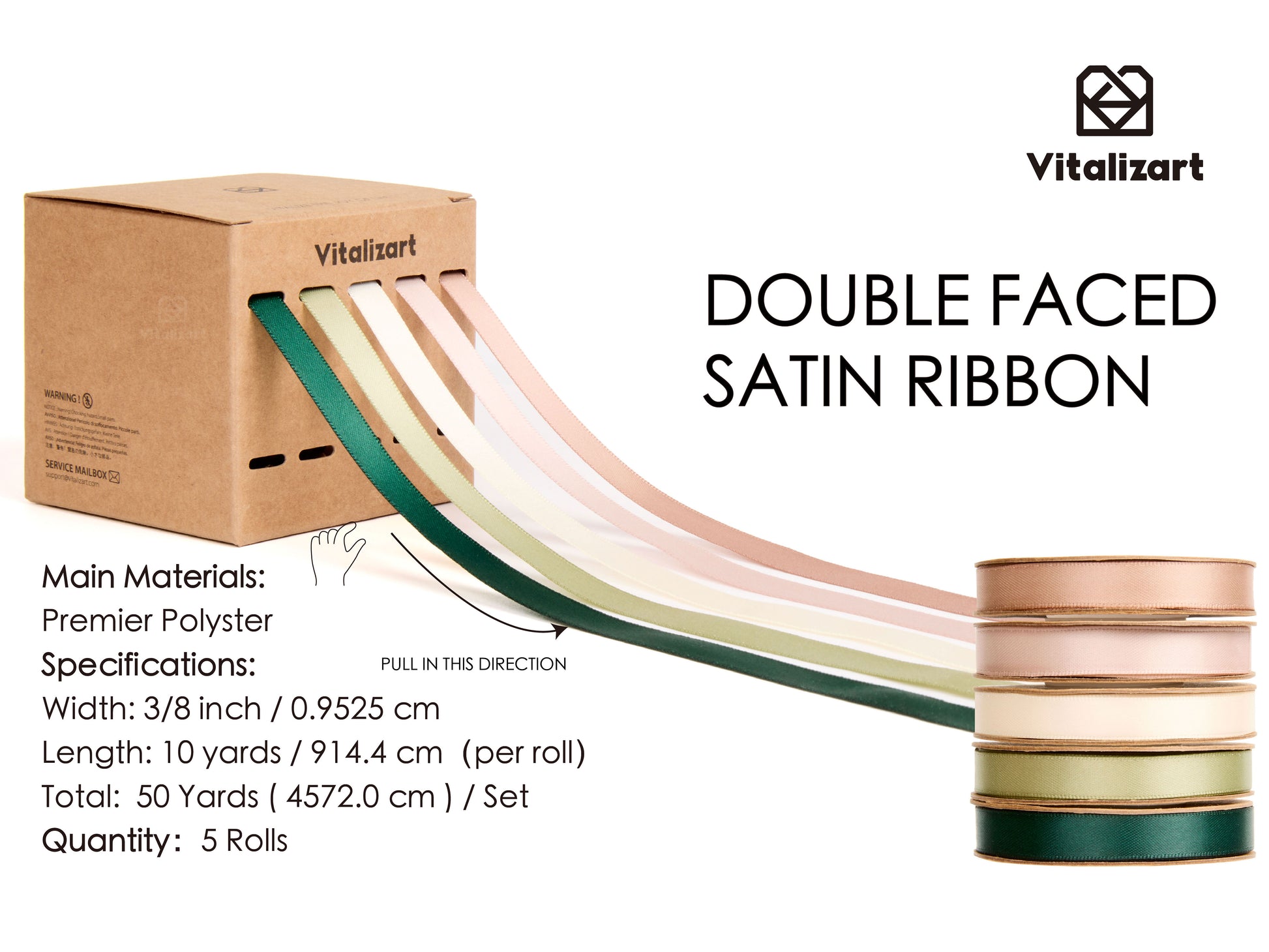 Double Face Satin Ribbon 3/8" x 50Yd (Green Nude White) - Vitalizart