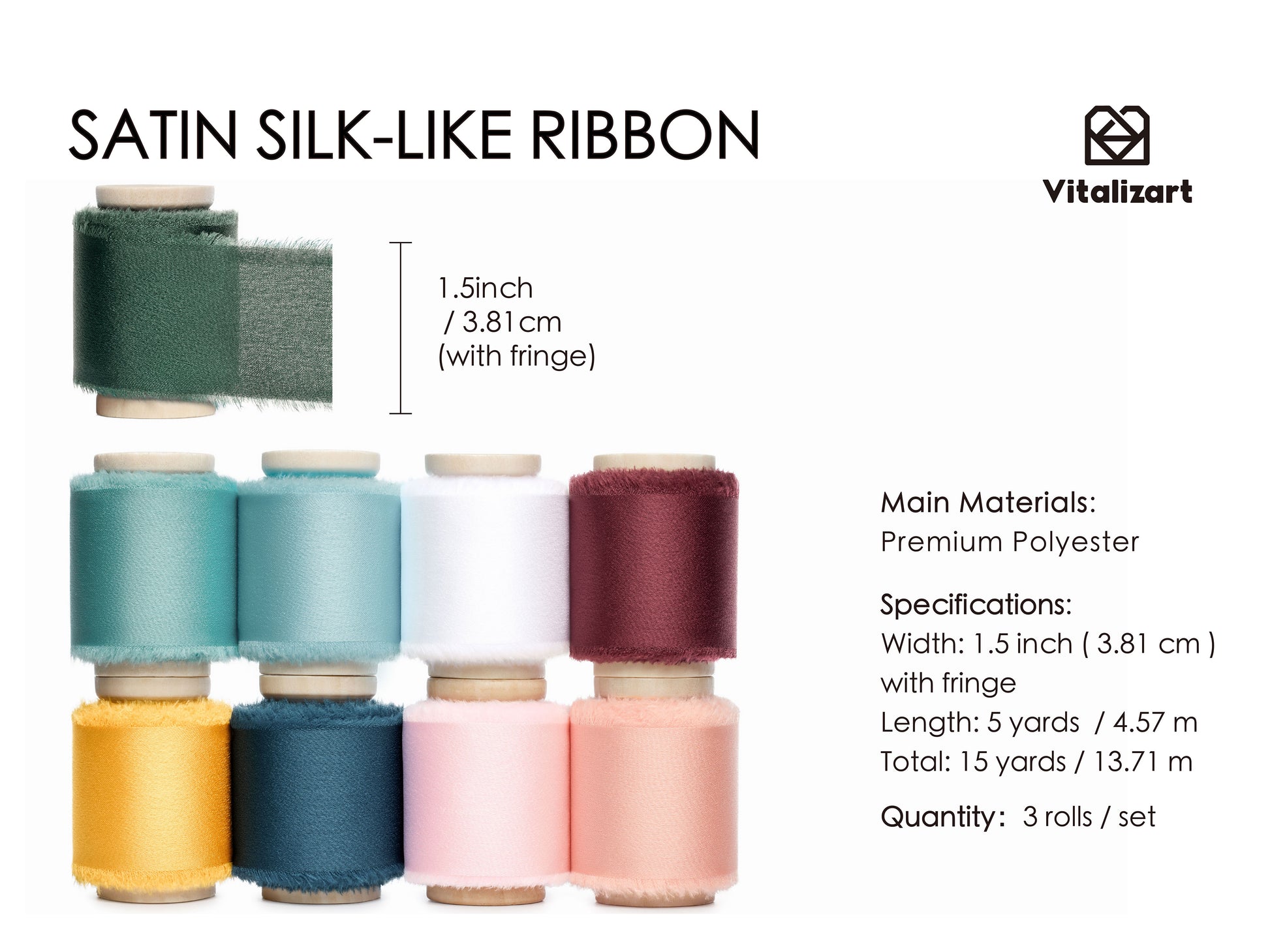 Silk Satin Ribbon with Wooden Spool 1.5" x 45 Yard (Rainbow) - Vitalizart