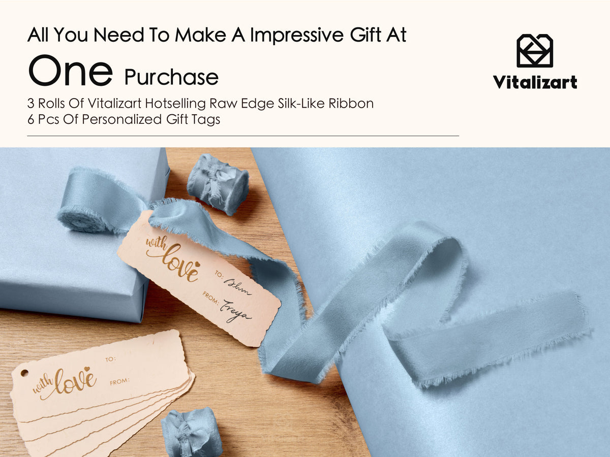 Wrapping Paper Set 30"x197" Pearly-Lustre With Silk Like Satin Ribbon & Gift Tags (Dusty Blue Paper & Dusty Blue Ribbons) - Vitalizart