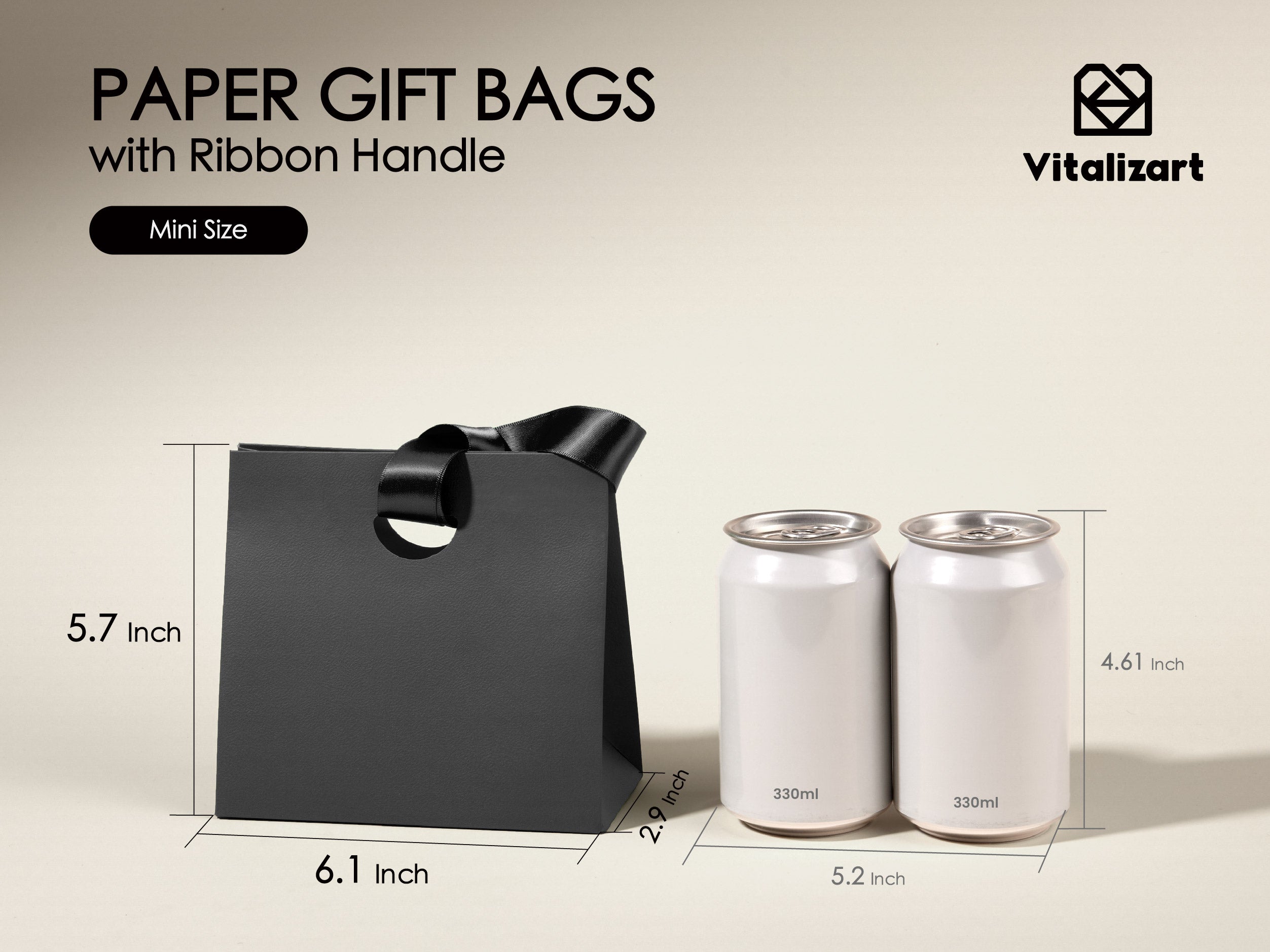 Vitalizart Paper Gift Bags With Ribbon Handles Set of 10 Black Bulk Reusable For Gift Wrap Girls Kids Birthday Bridal Shower Party Favors Goodie Bags Candy Christmas 6.1