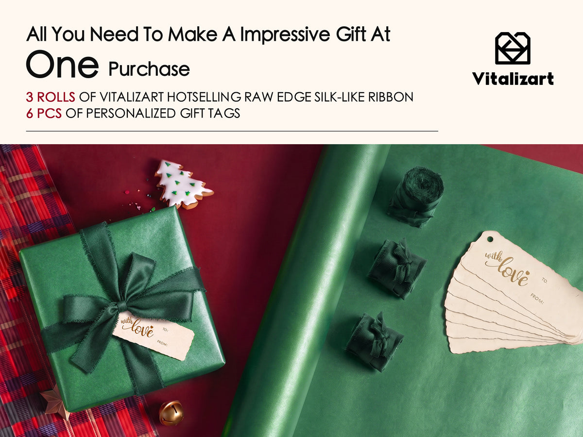Wrapping Paper Set 17"x197" Pearly-Lustre With Silk Like Satin Ribbon & Gift Tags ( Green Paper & Green Ribbons) - Vitalizart