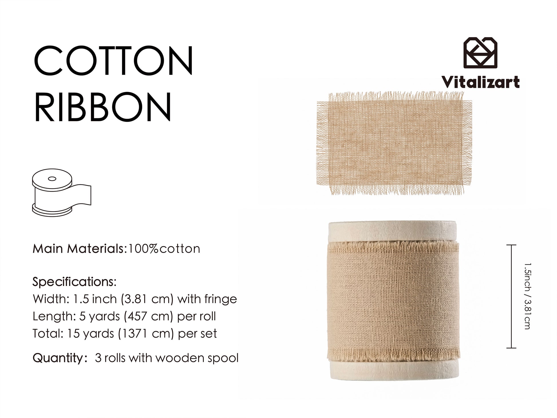 Cotton Ribbon Handmade Fringe 1.5" x 15 Yd (Brown) - Vitalizart