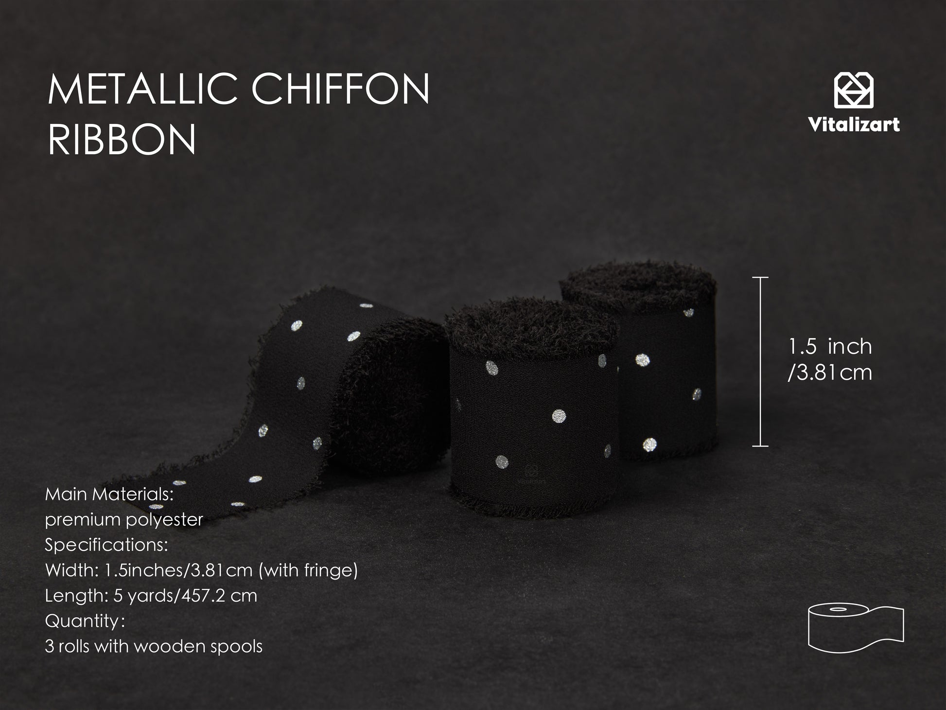 Polka Dot Chiffon Ribbon 1 - 1/2" x 15 Yd (Black) - Vitalizart