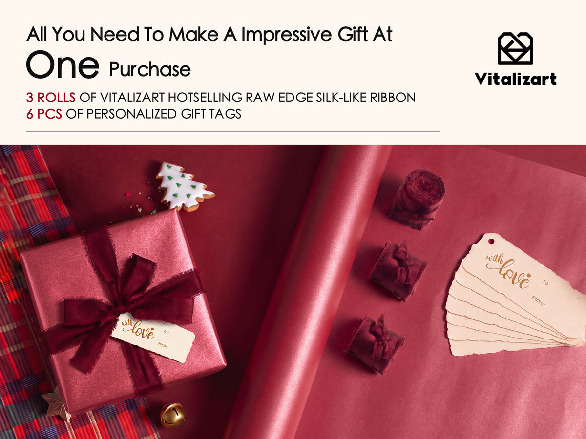 Wrapping Paper Set 17"x197" Pearly-Lustre With Silk Like Satin Ribbon & Gift Tags (Burgundy Paper & Burgundy Ribbons) - Vitalizart
