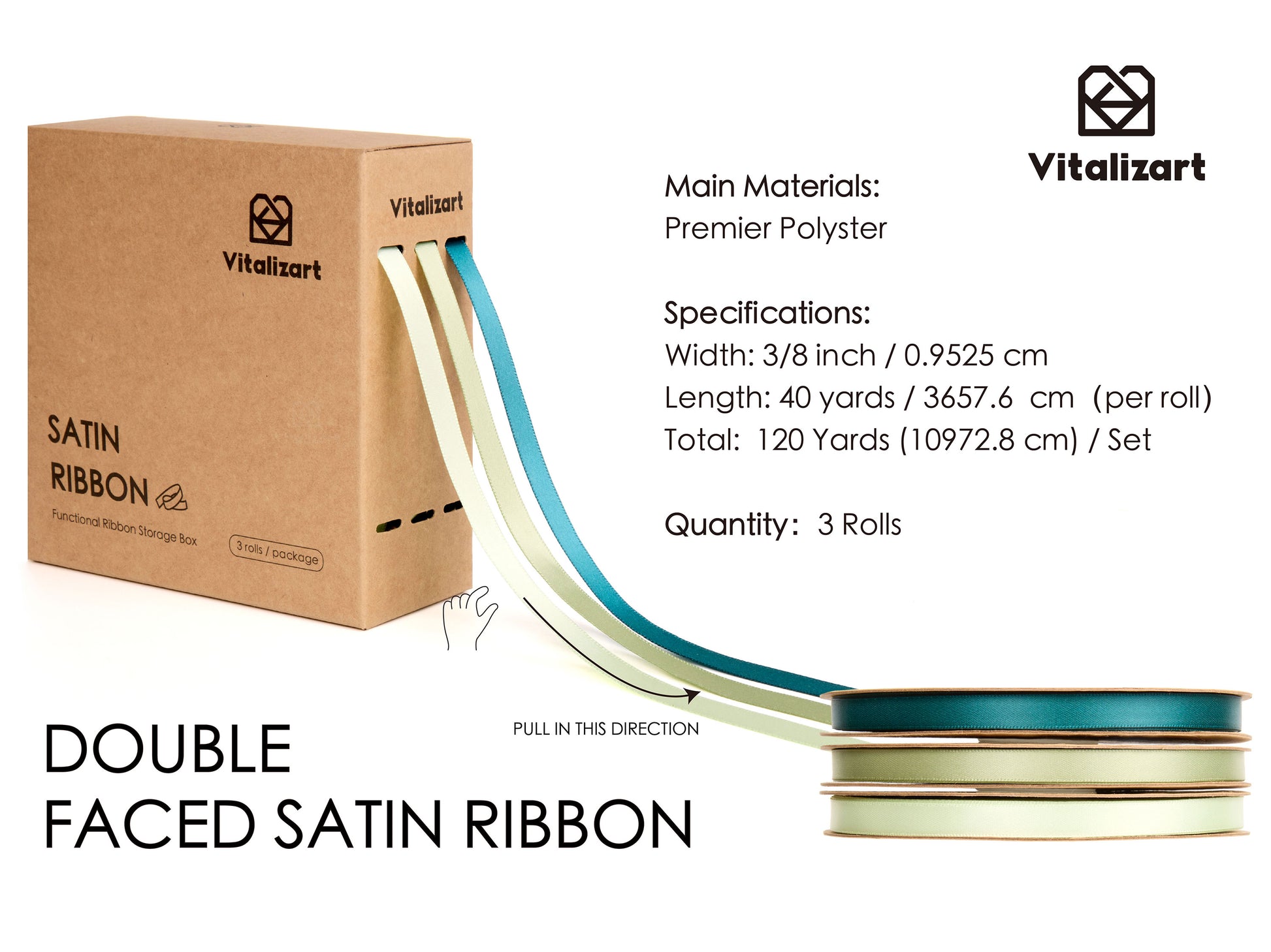 Ribbon for Crafts Double Faced Functional Satin Ribbon 3/8" x 120Yd (Mint Dark Sage Green) - Vitalizart
