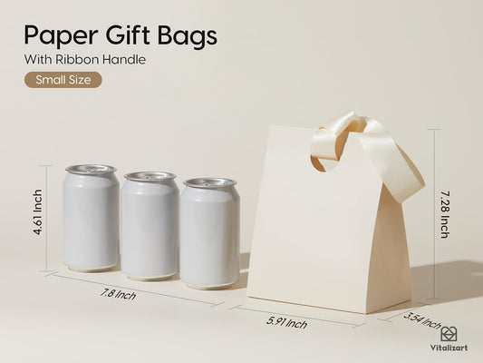 Vitalizart Paper Gift Bags With Ribbon Handles Set of 10 Cream White Bulk Reusable For Gift Wrap 5.91"x3.54"x7.28" Small Size(Cream White)
