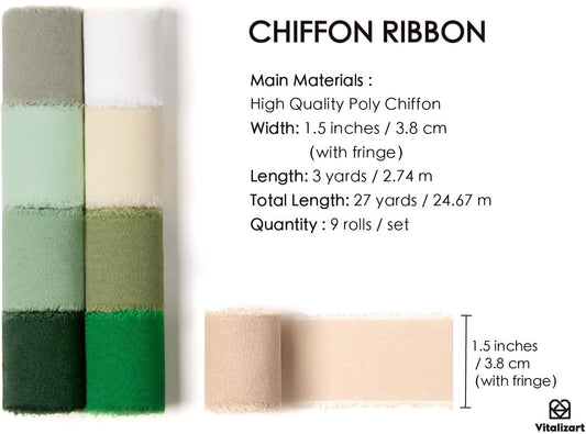 FRINGE CHIFFON SILK RIBBON 1.5 INCH X 27YD ( Assorted 9 Colors Green & White)