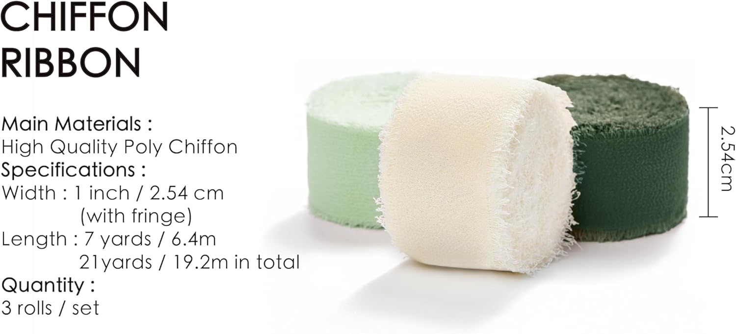 FRINGE CHIFFON SILK RIBBON 1" X 21YD (Cream & Green) - Vitalizart