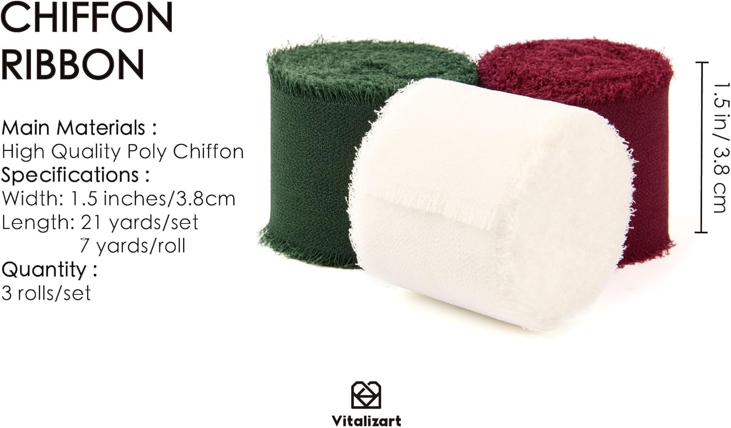 FRINGE CHIFFON SILK RIBBON 1.5" X 21YD (White Red Green) - Vitalizart