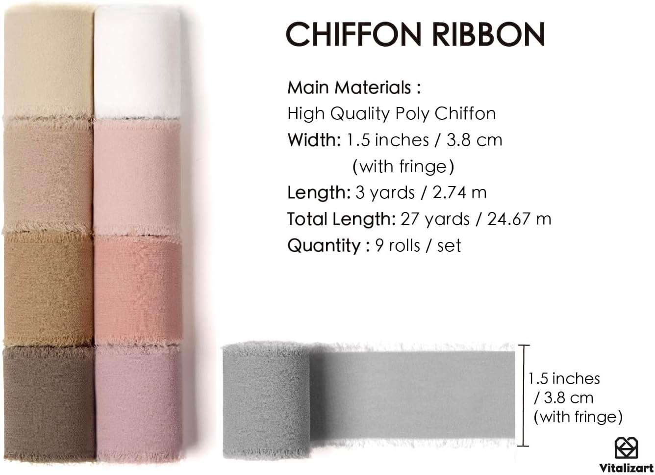 FRINGE CHIFFON SILK RIBBON 1.5 INCH X 27YD (Assorted 9 Colors Pink & Nude) - Vitalizart