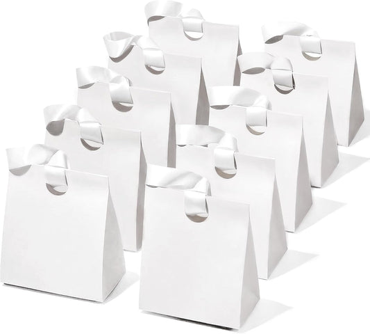 VITALIZART PAPER GIFT BAGS WITH RIBBON HANDLES SET OF 10 RED BULK REUSABLE FOR GIFT WRAP 5.91"X3.54"X7.28" SMALL (WHITE COLOR)