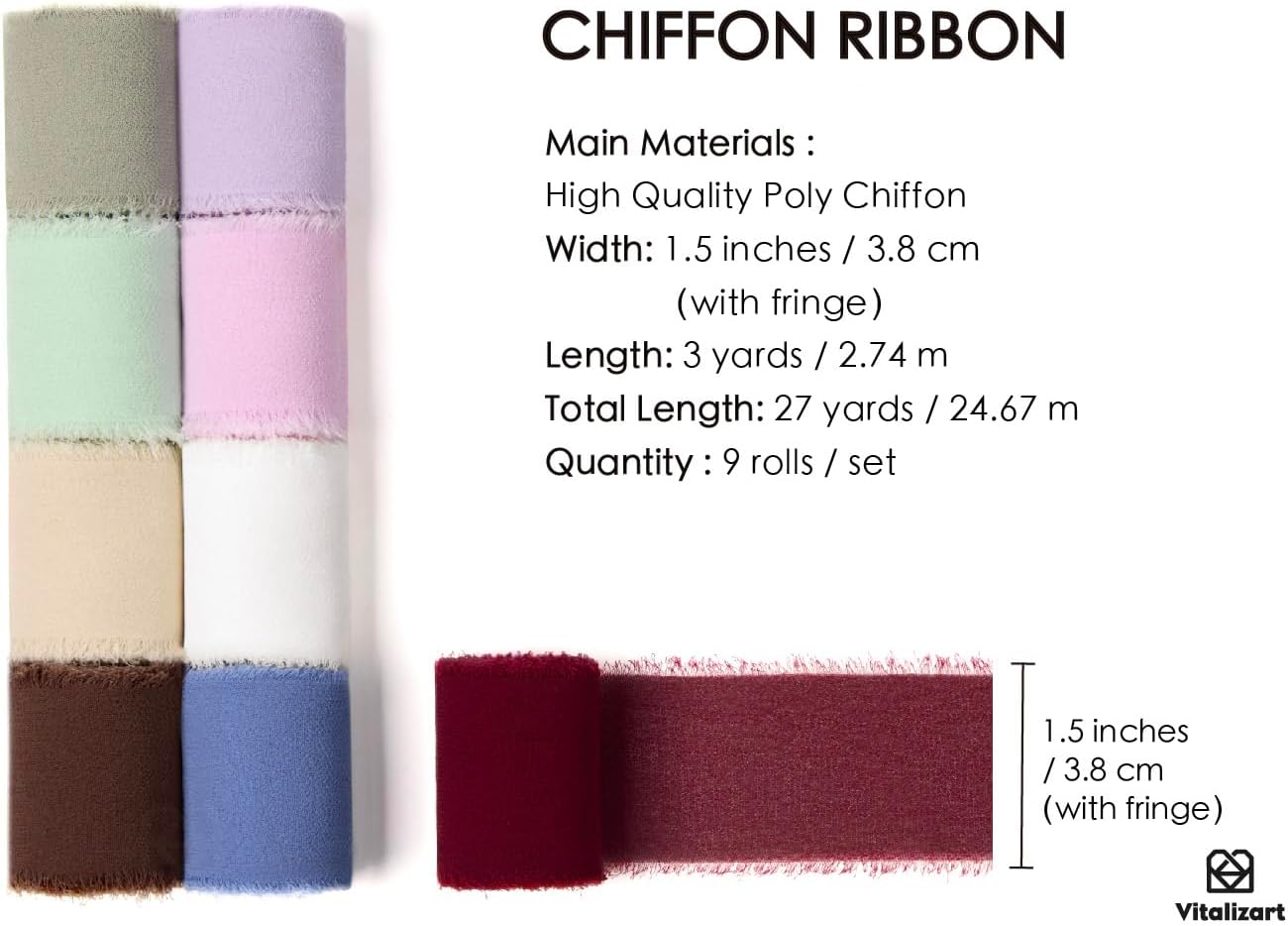 FRINGE CHIFFON SILK RIBBON 1.5 INCH X 27YD (Assorted 9 Colors) - Vitalizart