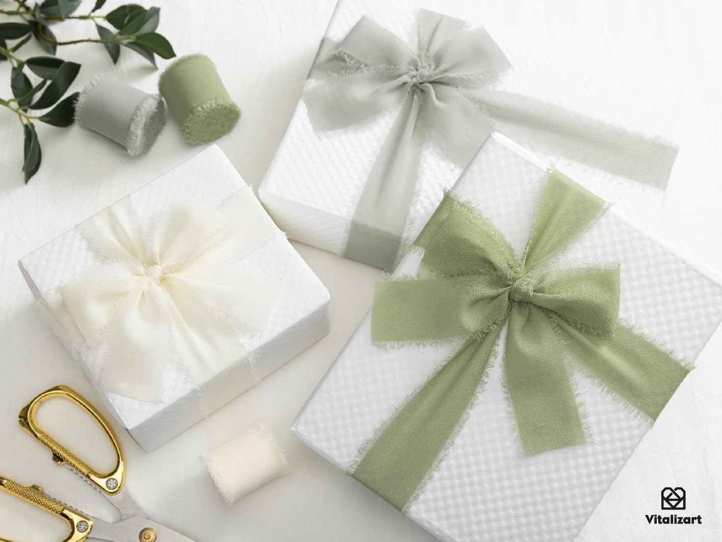FRINGE CHIFFON SILK RIBBON 1.5 INCH X 27YD ( Assorted 9 Colors Green & White) - Vitalizart