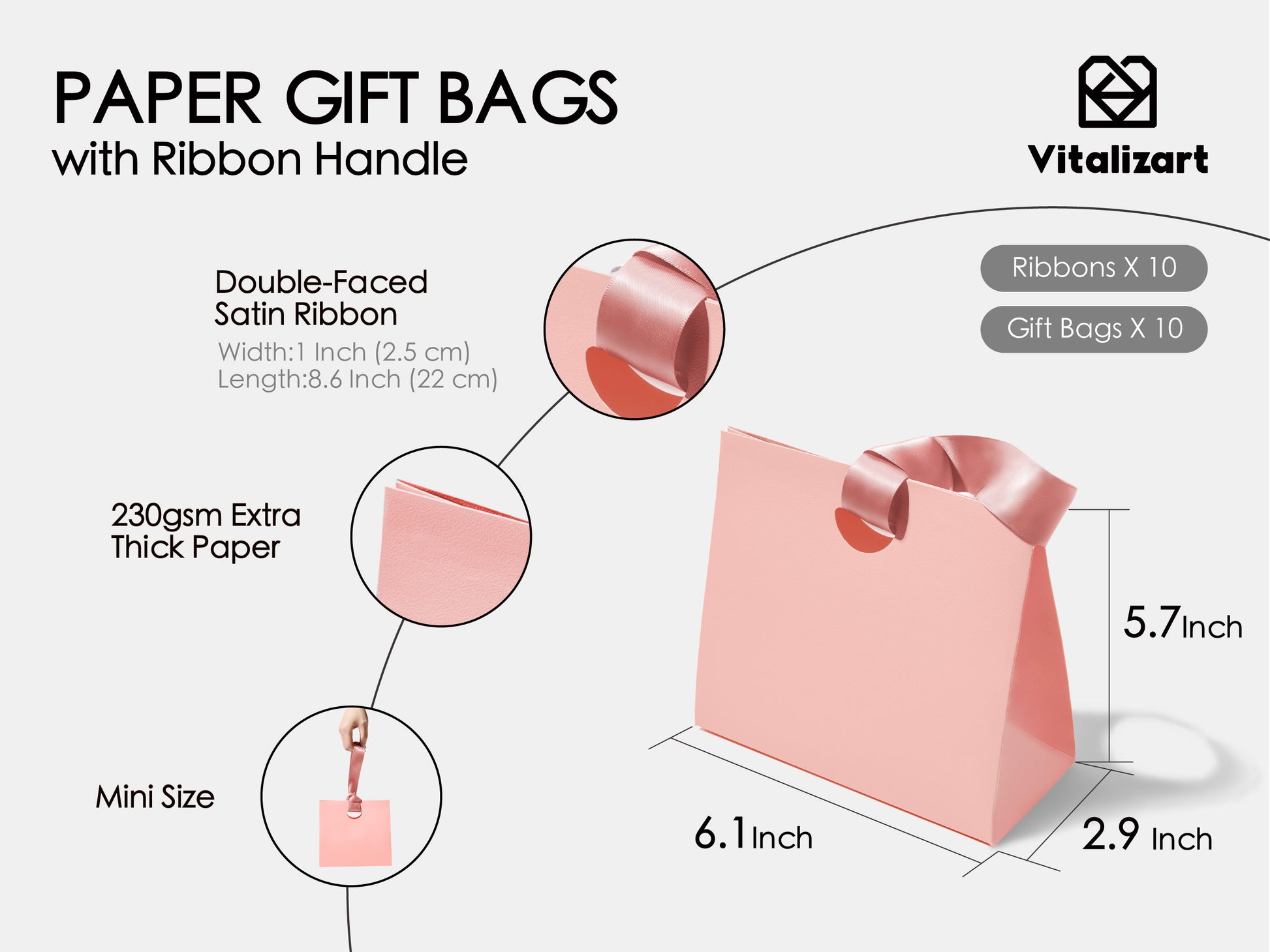 Vitalizart Paper Gift Bags with Ribbon Handles Set of 10 Pink Bulk Reusable for Gift Wrap Girls Kids Birthday Bridal Shower Party Favors Goodie Bags Candy Christmas 6.1"x2.95"x5.71" Mini（Pink) - Vitalizart