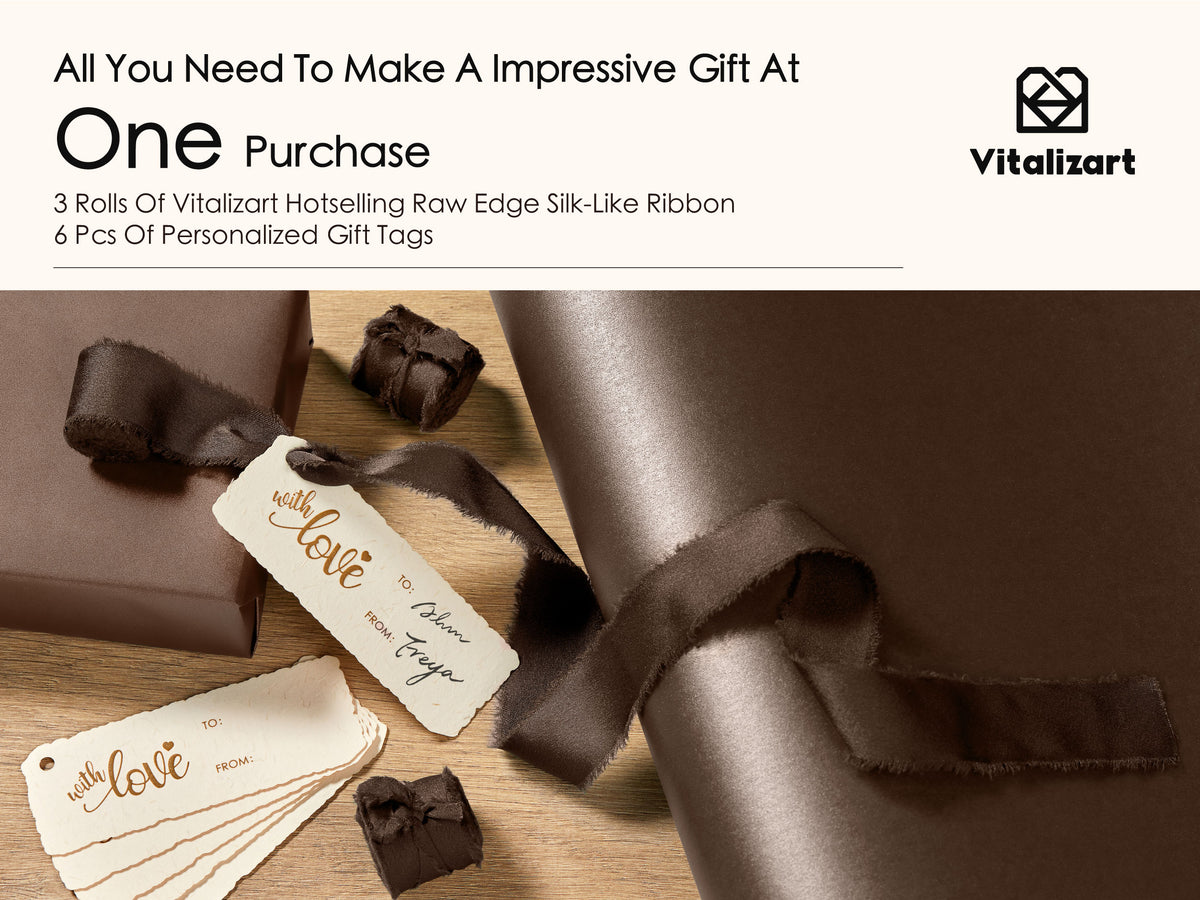 Wrapping Paper Set 17"x197" Pearly-Lustre With Silk Like Satin Ribbon & Gift Tags (Brown Paper & Brown Ribbons) - Vitalizart