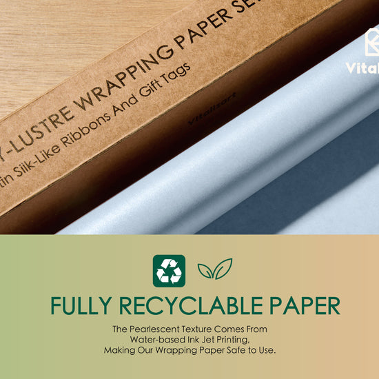 Wrapping Paper Set 30"x197" Pearly-Lustre With Silk Like Satin Ribbon & Gift Tags (Dusty Blue Paper & Dusty Blue Ribbons) - Vitalizart