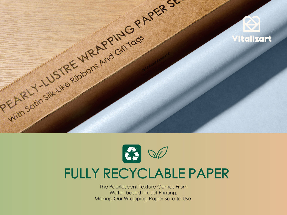 Wrapping Paper Set 30"x197" Pearly-Lustre With Silk Like Satin Ribbon & Gift Tags (Dusty Blue Paper & Dusty Blue Ribbons) - Vitalizart