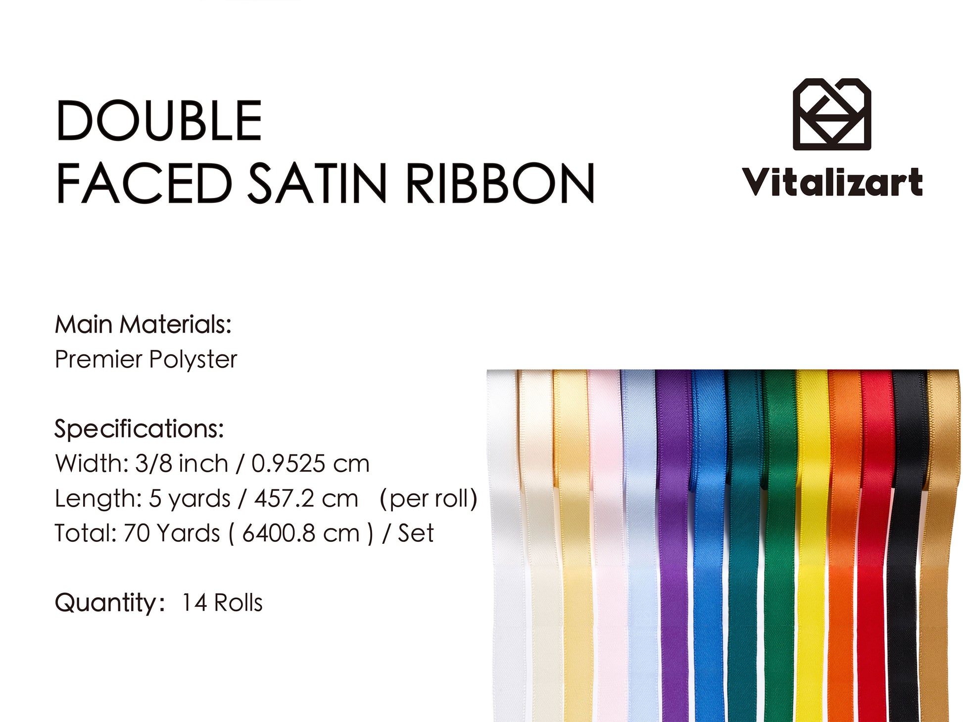 Ribbon for Crafts Double Faced Functional Satin Ribbon 3/8" x 70Yd (Rainbow Ribbon) - Vitalizart