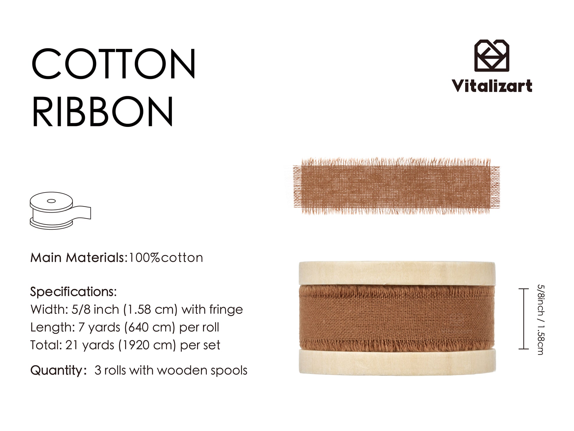 Cotton Ribbon Handmade Fringe 5/8" x 21 Yd (Brown) - Vitalizart