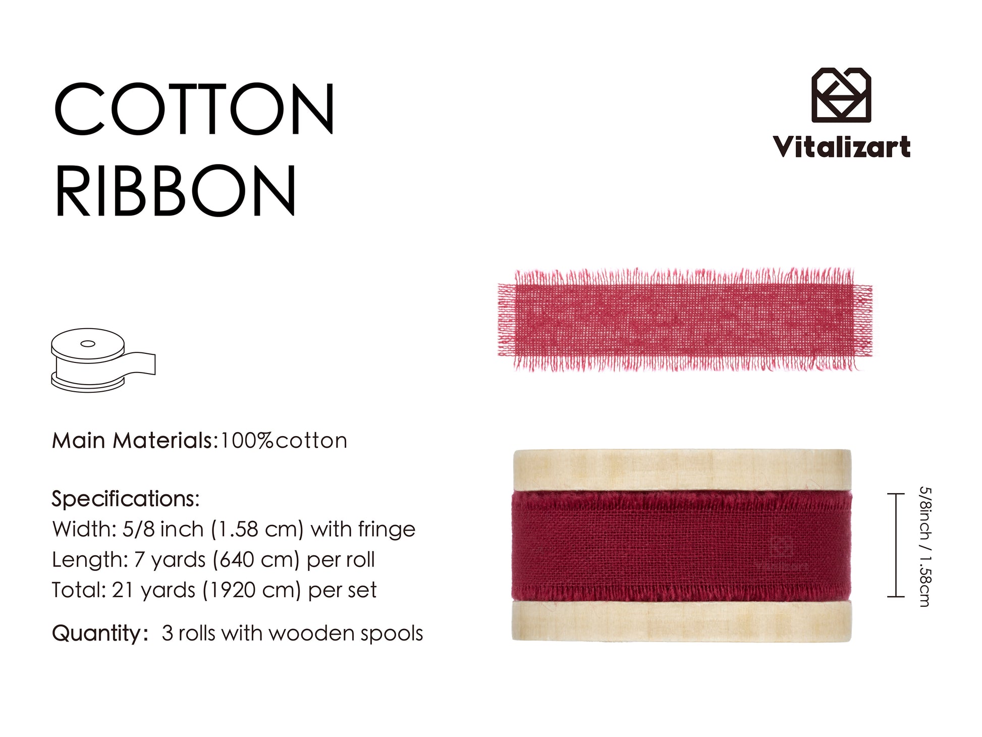 Cotton Ribbon Handmade Fringe 5/8" x 21 Yd (Burgundy) - Vitalizart