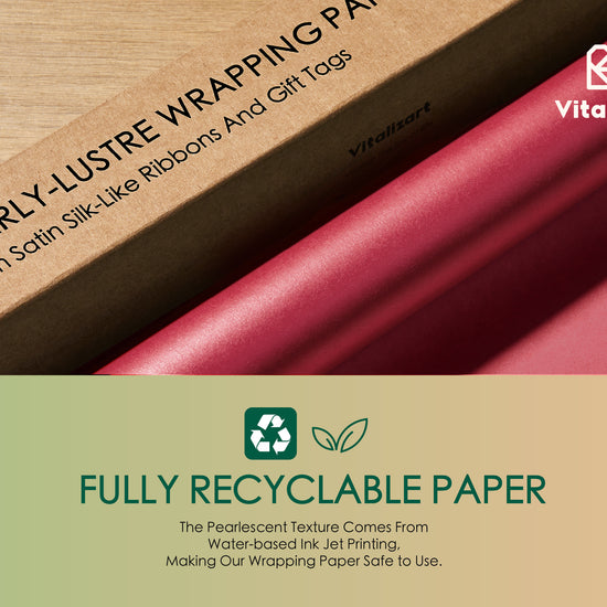 Wrapping Paper Set 17"x197" Pearly-Lustre With Silk Like Satin Ribbon & Gift Tags (Burgundy Paper & Burgundy Ribbons) - Vitalizart