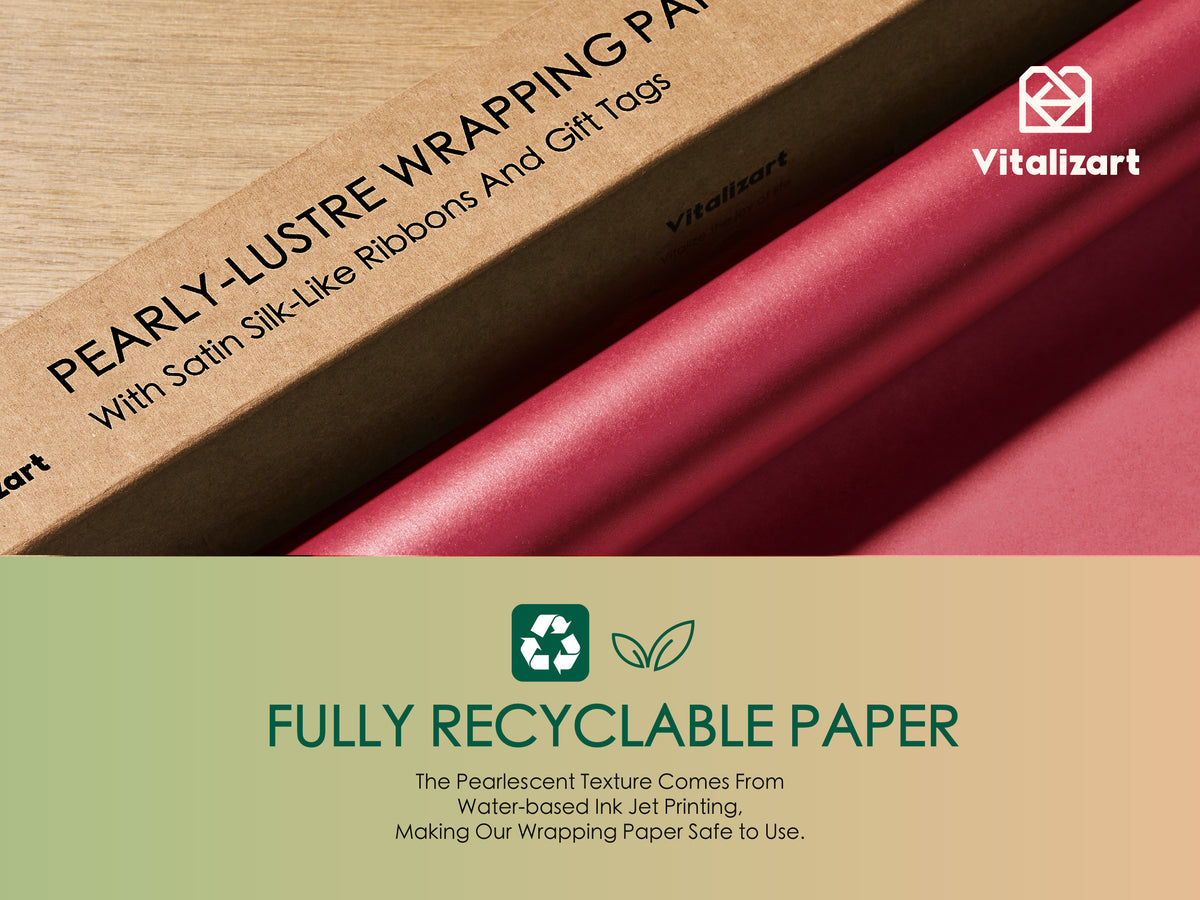 Wrapping Paper Set 17"x197" Pearly-Lustre With Silk Like Satin Ribbon & Gift Tags (Burgundy Paper & Burgundy Ribbons) - Vitalizart