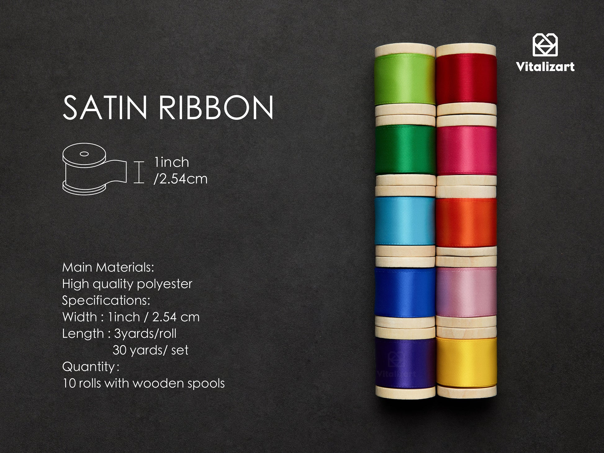 Double Faced Silk Like Satin Ribbon 1" x 30Yd (Rainbow Colors) - Vitalizart