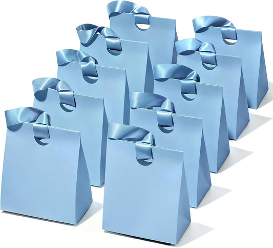 VITALIZART PAPER GIFT BAGS WITH RIBBON HANDLES SET OF 10 RED BULK REUSABLE FOR GIFT WRAP 5.91"X3.54"X7.28" SMALL (BLUE COLOR)
