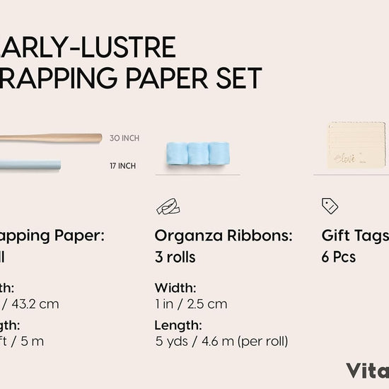 Vitalizart Pearly Wrapping Paper Set 17" × 197" w/ Satin Ribbon & Tags – Baby Blue - Vitalizart