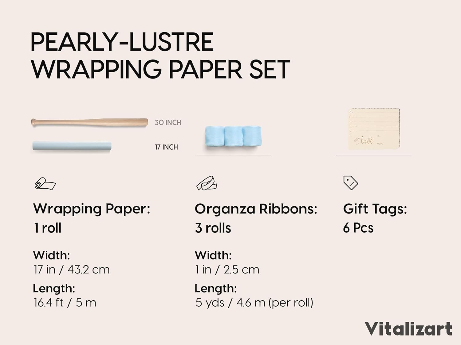 Vitalizart Pearly Wrapping Paper Set 17" × 197" w/ Satin Ribbon & Tags – Baby Blue - Vitalizart