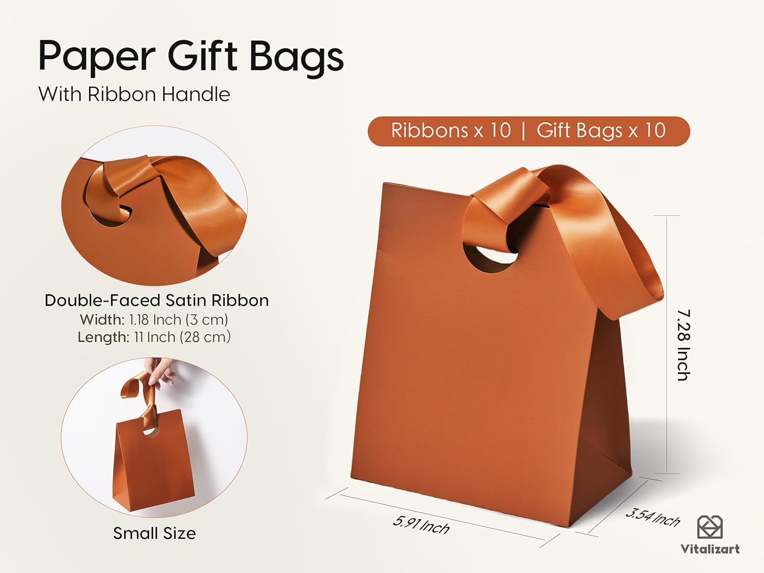 VITALIZART PAPER GIFT BAGS WITH RIBBON HANDLES SET OF 10 RED BULK REUSABLE FOR GIFT WRAP 5.91"X3.54"X7.28" SMALL (BROWN COLOR) - Vitalizart