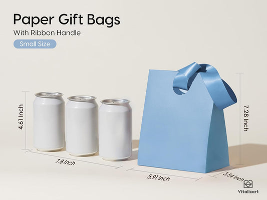 VITALIZART PAPER GIFT BAGS WITH RIBBON HANDLES SET OF 10 RED BULK REUSABLE FOR GIFT WRAP 5.91"X3.54"X7.28" SMALL (BLUE COLOR)