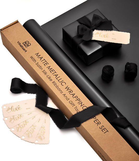 Wrapping Paper Set 30"x197" Matte Metallic With Silk Satin Ribbon & Gift Tags for Baby (Black Paper & Black Ribbons)