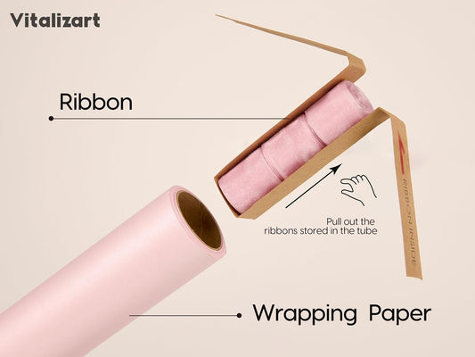 Vitalizart Pearly Wrapping Paper Set 17" × 197" w/ Satin Ribbon & Tags – Pink - Vitalizart