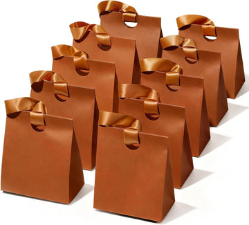 VITALIZART PAPER GIFT BAGS WITH RIBBON HANDLES SET OF 10 RED BULK REUSABLE FOR GIFT WRAP 5.91"X3.54"X7.28" SMALL (BROWN COLOR)