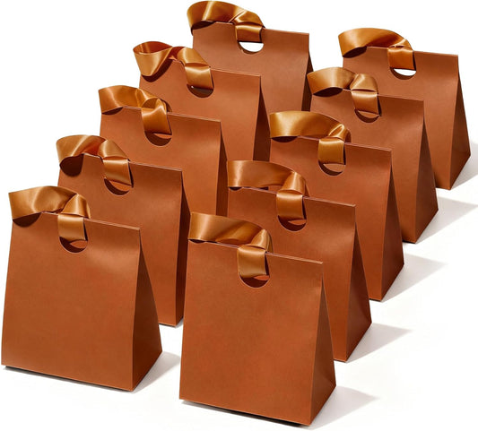 VITALIZART PAPER GIFT BAGS WITH RIBBON HANDLES SET OF 10 RED BULK REUSABLE FOR GIFT WRAP 5.91"X3.54"X7.28" SMALL (BROWN COLOR)