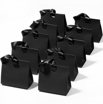 Vitalizart Paper Gift Bags With Ribbon Handles Set of 10 Black Bulk Reusable For Gift Wrap Girls Kids Birthday Bridal Shower Party Favors Goodie Bags Candy Christmas 6.1"x2.95"x5.71" Mini(Black)