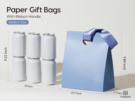 Vitalizart Paper Gift Bags With Ribbon Handles Set of 10 Assorted Colors Bulk Reusable For Gift Wrap 8.07"x4.72"x9.84" Medium Size (Mixed Colors)