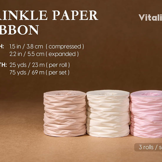 Vitalizart Crinkle Paper Ribbon 1.5" x 75 Yards, Reusable Recyclable Easy Tear (Pink Nude & White) - Vitalizart