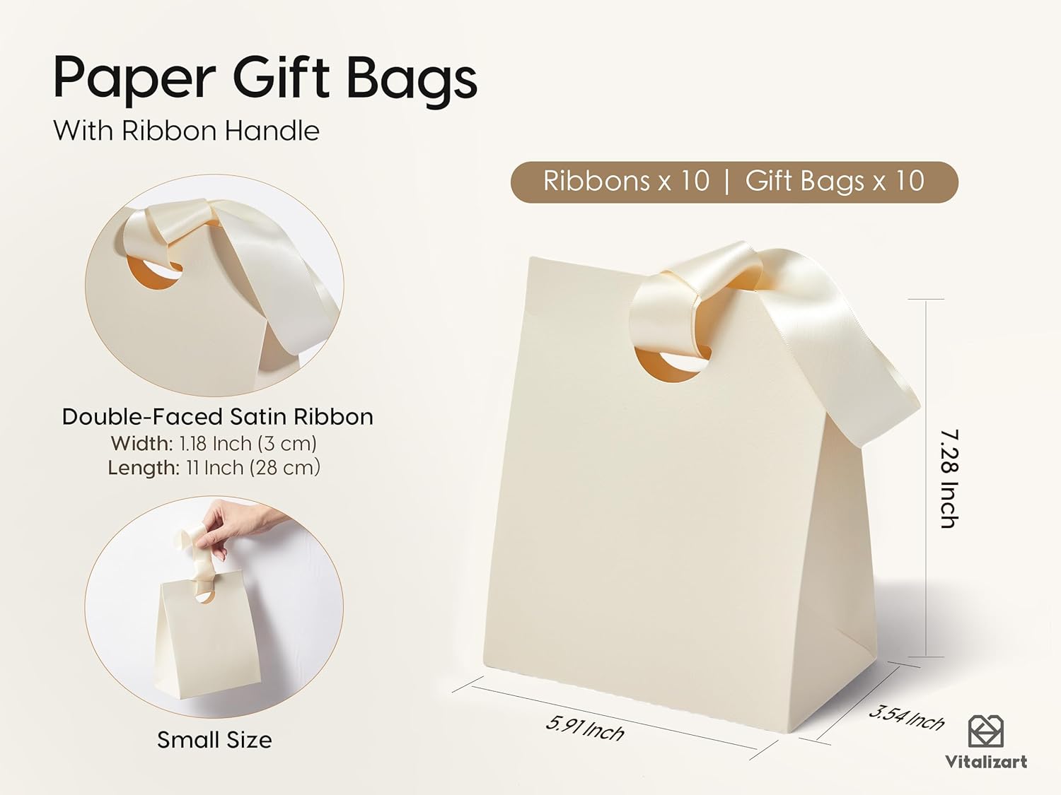 Vitalizart Paper Gift Bags With Ribbon Handles Set of 10 Cream White Bulk Reusable For Gift Wrap 5.91"x3.54"x7.28" Small Size(Cream White) - Vitalizart