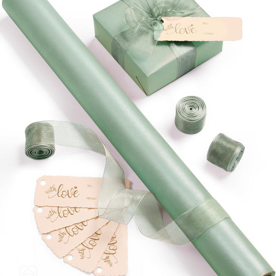 Vitalizart Pearly Wrapping Paper Set 17" × 197" w/ Satin Ribbon & Tags – Sage Green - Vitalizart
