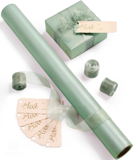 Vitalizart Pearly Wrapping Paper Set 17" × 197" w/ Satin Ribbon & Tags – Sage Green - Vitalizart